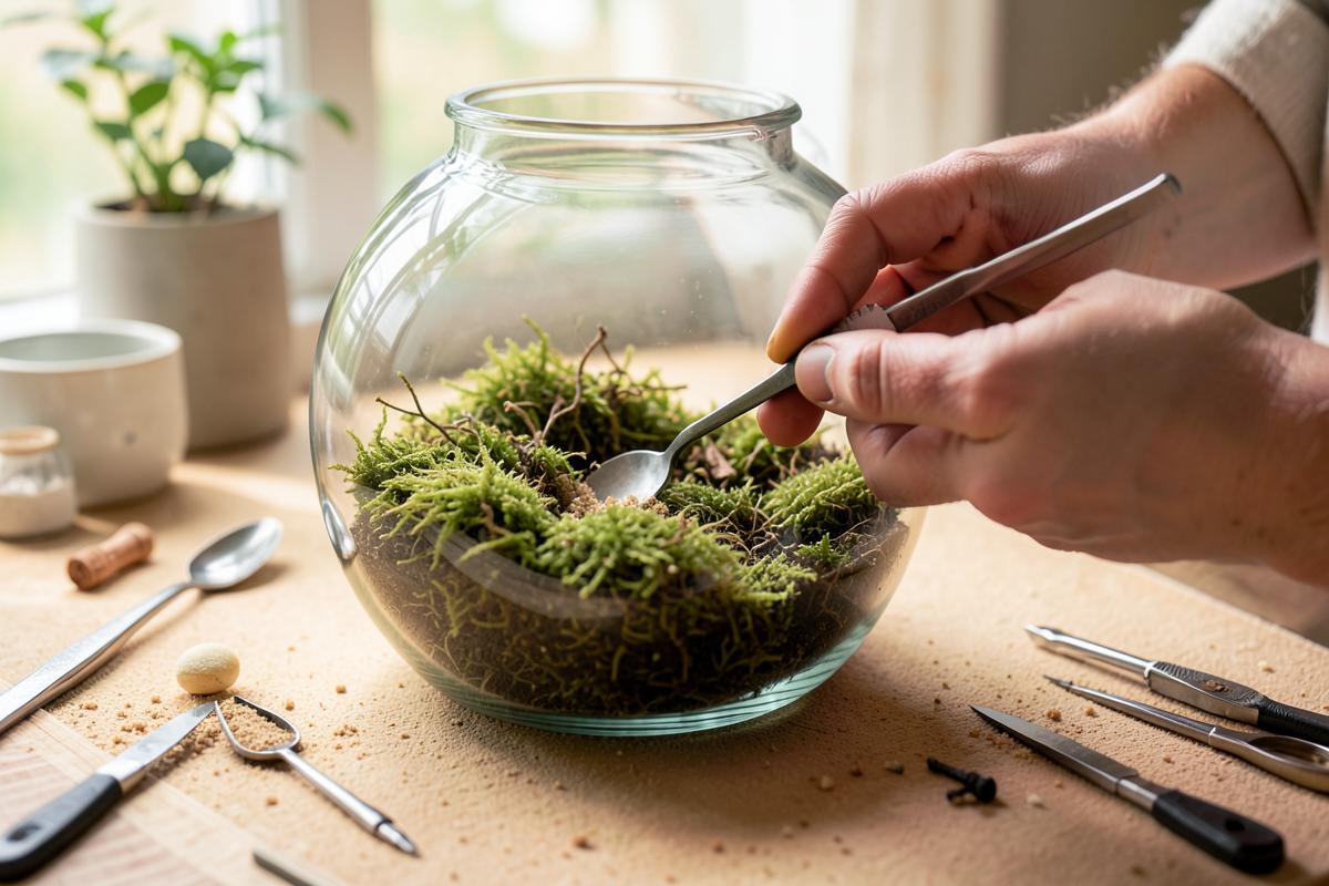 Mãos posicionando musgo dentro de um terrário de vidro com pinça e ferramentas sobre a mesa